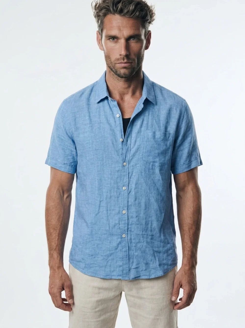 ZACHARY PRELL | Light Blue Short-Sleeve 100% Linen Shirt Men’s Size X-Large
